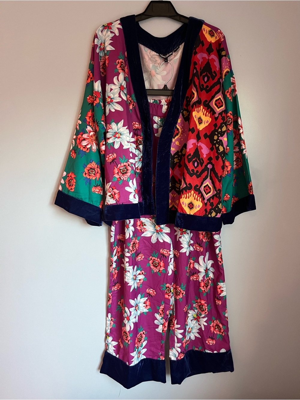 Tolani Boho Patchwork Floral Kimono Wide Leg Loungewear Set velvet trim SZ L